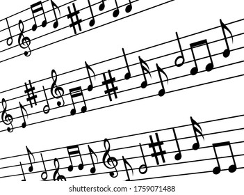 Abstract. Music notes melody background. Black notes symbols on white background. Vector.