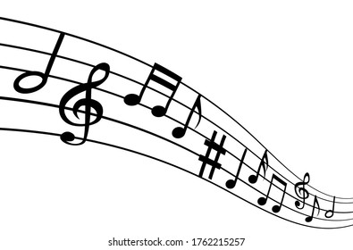 Abstract. Music notes melody background. Black notes symbols on white background. Vector.