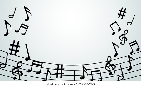 Resumen. La música nota fondo de melodía. El negro señala símbolos en el fondo blanco. Vector.