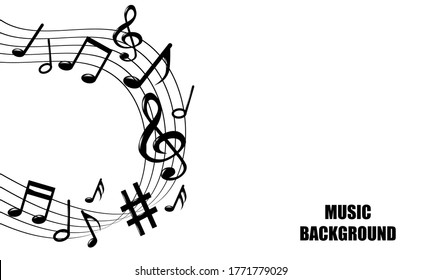 Abstract. Music notes melody background. Black notes symbols on white background. Vector.