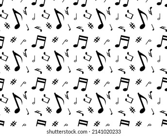 Abstract. Music notes melody pattern seamless background. Black notes symbols on white background. Vector.