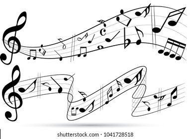 Abstract music notes on line wave background. Black G-clef and music notes isolated vector illustration Can be adapt to Brochure, Annual Report, Magazine, Poster, Corporate Presentation, Portfolio.