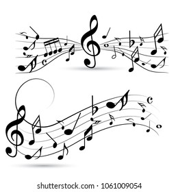 Abstract music notes on line wave background. Black G-clef and music notes isolated vector illustration Can be adapt to Brochure, Annual Report, Magazine, Poster, Corporate Presentation, Portfolio.
