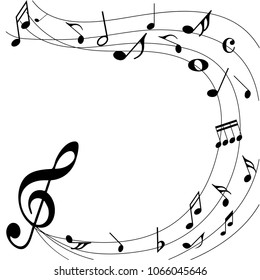 Abstract music notes on line wave background. Black G-clef and music notes isolated vector illustration Can be adapt to Brochure, Annual Report, Magazine, Poster, Corporate Presentation, Portfolio.