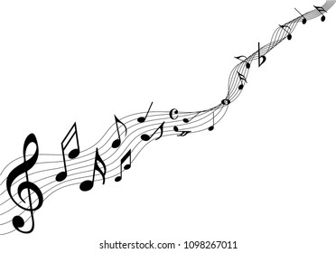 Abstract music notes on line wave background. Black G-clef and music notes isolated vector illustration Can be adapt to Brochure, Annual Report, Magazine, Poster, Corporate Presentation, Portfolio.
