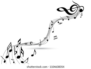 Abstract music notes on line wave background. Black G-clef and music notes isolated vector illustration Can be adapt to Brochure, Annual Report, Magazine, Poster, Corporate Presentation, Portfolio.