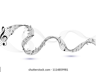 Abstract music notes on line wave background. Black G-clef and music notes isolated vector illustration Can be adapt to Brochure, Annual Report, Magazine, Poster, Corporate Presentation, Portfolio.