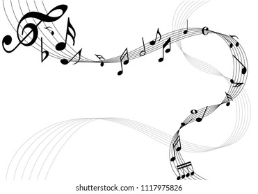 Abstract music notes on line wave background. Black G-clef and music notes isolated vector illustration Can be adapt to Brochure, Annual Report, Magazine, Poster, Corporate Presentation, Portfolio.