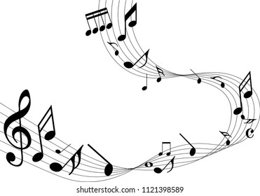 Abstract music notes on line wave background. Black G-clef and music notes isolated vector illustration Can be adapt to Brochure, Annual Report, Magazine, Poster, Corporate Presentation, Portfolio.