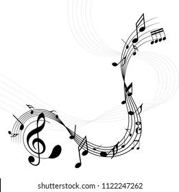 Abstract music notes on line wave background. Black G-clef and music notes isolated vector illustration Can be adapt to Brochure, Annual Report, Magazine, Poster, Corporate Presentation, Portfolio.