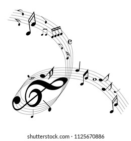 Abstract music notes on line wave background. Black G-clef and music notes isolated vector illustration Can be adapt to Brochure, Annual Report, Magazine, Poster, Corporate Presentation, Portfolio.