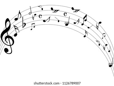 Abstract music notes on line wave background. Black G-clef and music notes isolated vector illustration Can be adapt to Brochure, Annual Report, Magazine, Poster, Corporate Presentation, Portfolio.