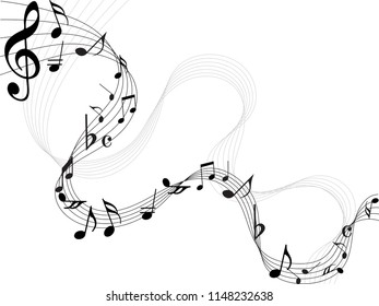 Abstract music notes on line wave background. Black G-clef and music notes isolated vector illustration Can be adapt to Brochure, Annual Report, Magazine, Poster, Corporate Presentation, Portfolio.