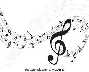 Abstract music notes on line wave background. Black G-clef and music notes isolated 
