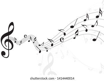 Abstract music notes on line wave background. Black G-clef and music notes isolated 