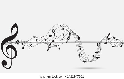 Abstract music notes on line wave background. Black G-clef and music notes isolated 
