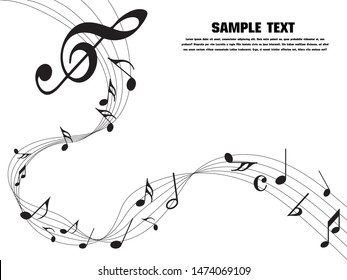 Abstract music notes on line wave background. Black G-clef and music notes isolated 