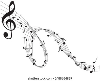 Abstract music notes on line wave background. Black G-clef and music notes isolated 