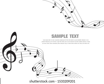 Abstract music notes on line wave background. Black G-clef and music notes isolated 