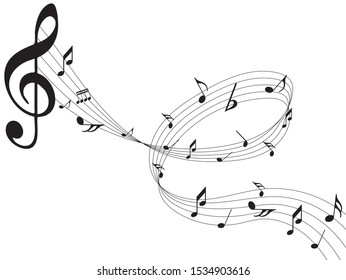 Abstract music notes on line wave background. Black G-clef and music notes isolated 