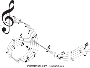 Abstract music notes on line wave background. Black G-clef and music notes isolated 