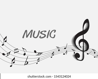 Abstract music notes on line wave background. Black G-clef and music notes isolated 