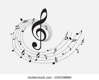 Abstract music notes on line wave background. Black G-clef and music notes isolated 