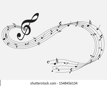 Abstract music notes on line wave background. Black G-clef and music notes isolated 