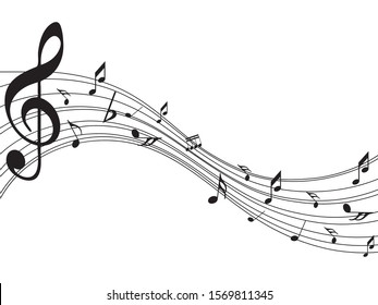 Abstract music notes on line wave background. Black G-clef and music notes isolated 
