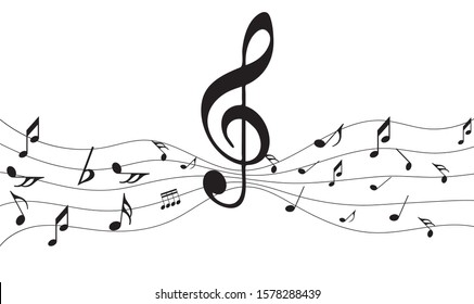 Abstract music notes on line wave background. Black G-clef and music notes isolated 