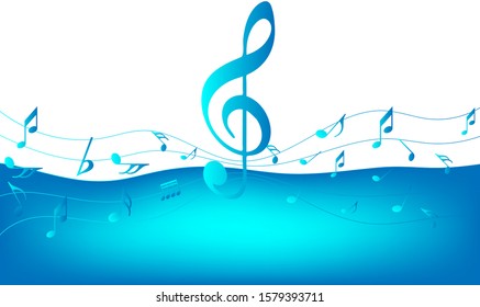 Abstract music notes on line wave background. Black G-clef and music notes isolated white background.