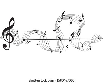 Abstract music notes on line wave background. Black G-clef and music notes isolated 