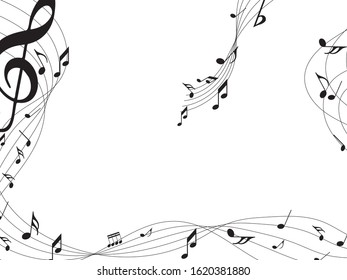 Abstract music notes on line wave background. Black G-clef and music notes isolated 