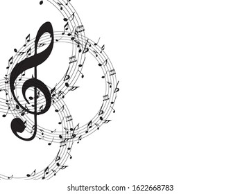 Abstract music notes on line wave background. Black G-clef and music notes isolated 