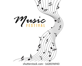 Abstract music notes on line wave background. Black G-clef and music notes isolated 