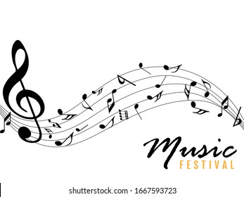 Abstract music notes on line wave background. Black G-clef and music notes isolated 