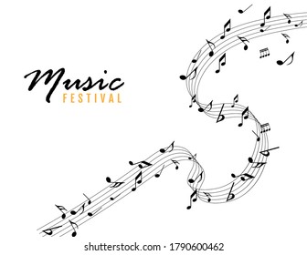 Abstract music notes on line wave background. Black G-clef and music notes isolated 