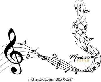 Abstract music notes on line wave background. Black G-clef and music notes isolated 