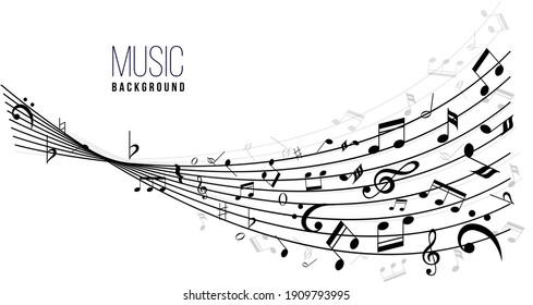 Abstract music notes on line wave background. Black G-clef and music notes isolated vector illustration. Can be adapt to Brochure, music notes, Magazine, Poster, Corporate Presentation.