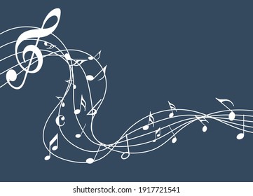 Abstract music notes on line wave background. Black G-clef and music notes isolated 