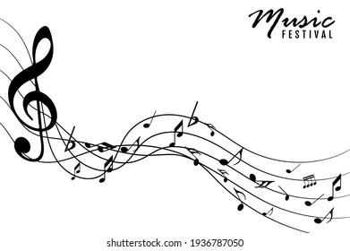 Abstract music notes on line wave background. Black G-clef and music notes isolated 