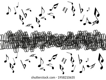 Abstract music notes on line wave background. Black G-clef and music notes isolated 