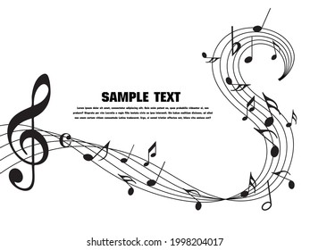 Abstract music notes on line wave background. Black G-clef and music notes isolated 