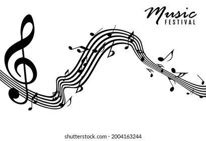 Abstract music notes on line wave background. Black G-clef and music notes isolated 