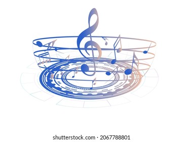 Abstract music notes on line wave background. Black G-clef and music notes isolated 