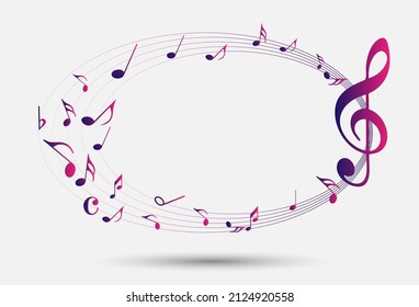 Resumen de notas musicales sobre el fondo de la onda en línea. G-clef negro y notas musicales aisladas 