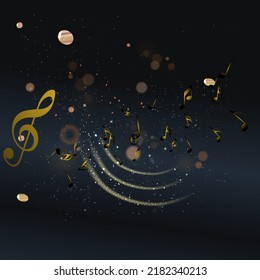 Resumen de notas musicales sobre el fondo de la onda en línea. G-clef negro y notas musicales aisladas 