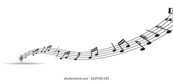 Abstract music notes on line wave background. Black G-clef and music notes isolated vector illustration. Can be adapt to Brochure, music notes, Magazine, Poster, Corporate Presentation.