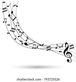 Abstract music notes on line wave background. Black G-clef and music notes isolated vector illustration Can be adapt to Brochure, Annual Report, Magazine, Poster, Corporate Presentation, Portfolio