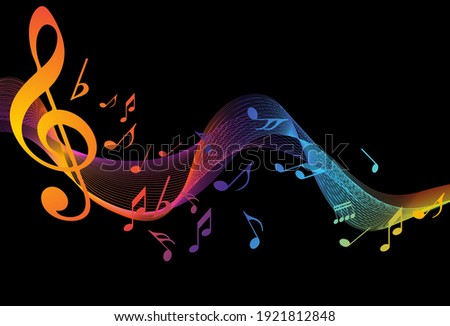 Abstract music notes on line wave background. Black G-clef and music notes isolated 